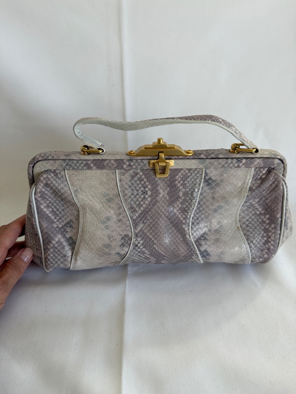Via Spiga Beige Taupe Snakeskin-Pattern Wristlet Clutch with Gold Hardware